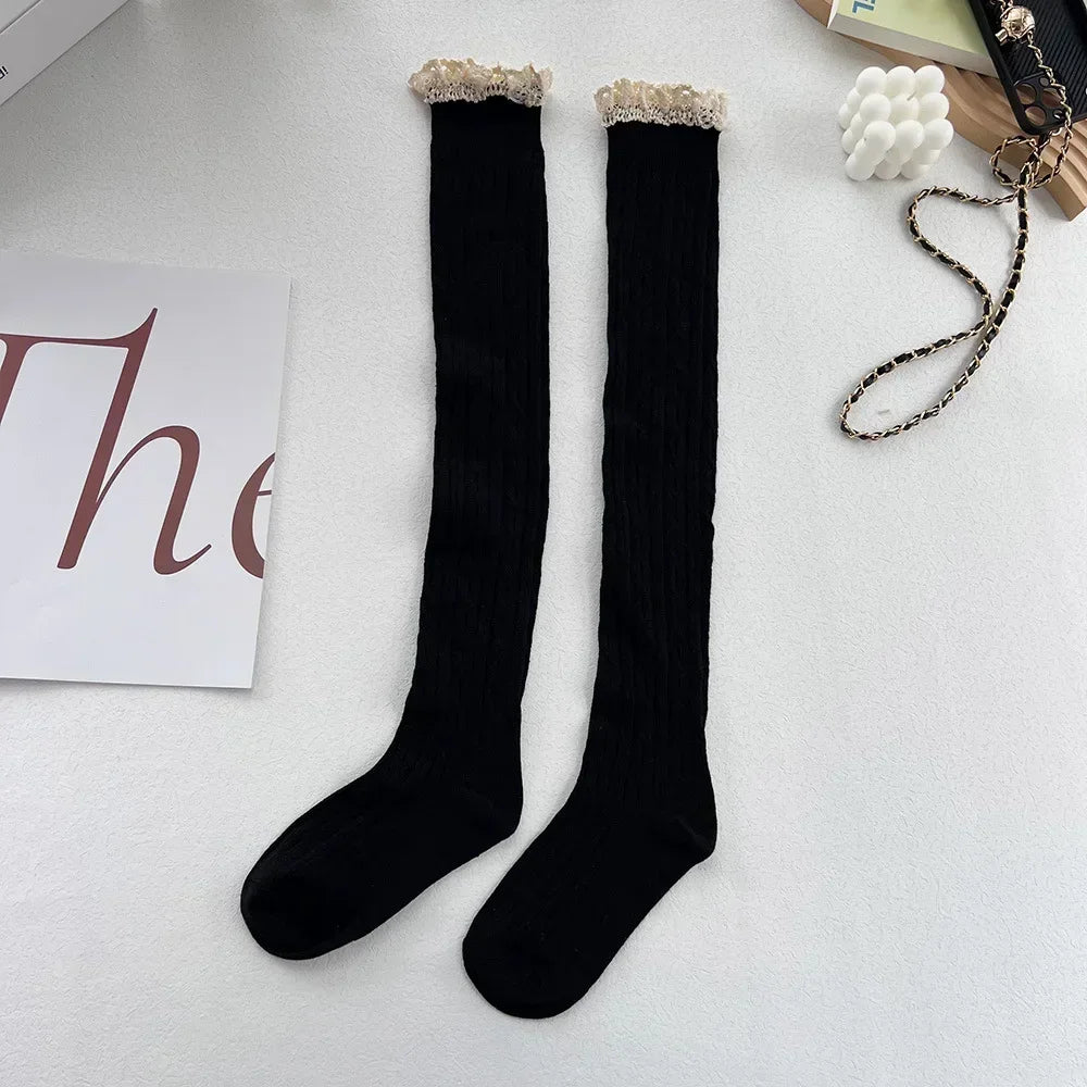 Japanese Sweet Lace Cording Socks Over Knee Thigh Retro Fried Dough Twists Lolita Wears Small Boots Socks Female Quake black One Size