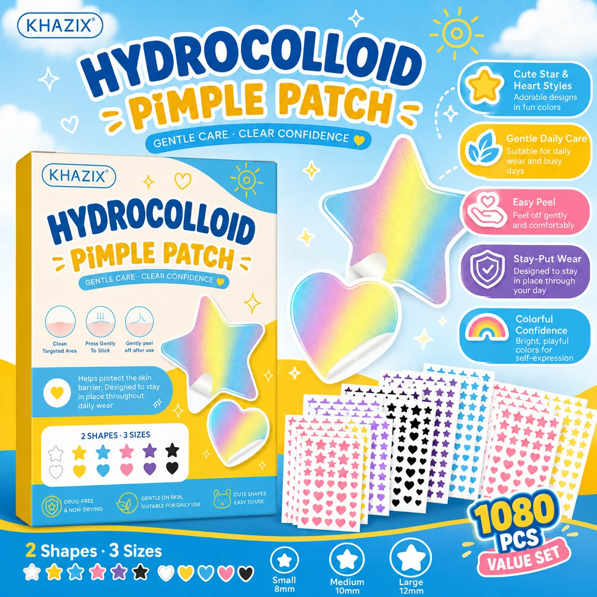216/1080pcs Star Pimple Patches For Face Hydrocolloid, Absorbing Cover, Tea Tree, Hydrocolloid Acne Patch, Cute Star Pimple Quake