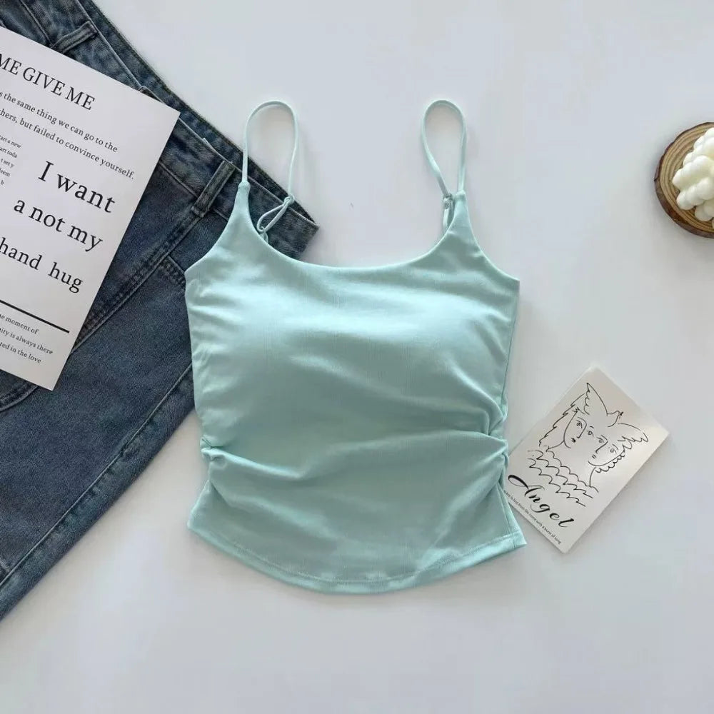 Sweet Sleeveless Suspender Vest Slim With Padded Cups Camisole Underwear Short Vest Sports Activities Quake Green One Size