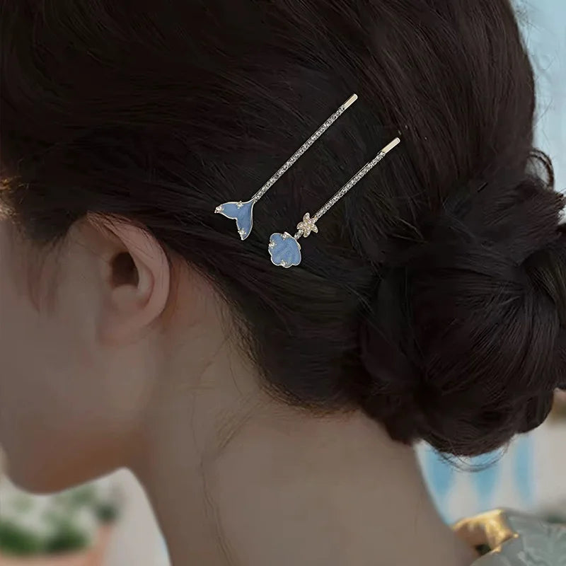 Sweet Girls Sea Blue Color Fish Tail Hair Clip Temperament Water Diamond Side Clip Fashion Bangs Clip Hair Styling Accessories Quake