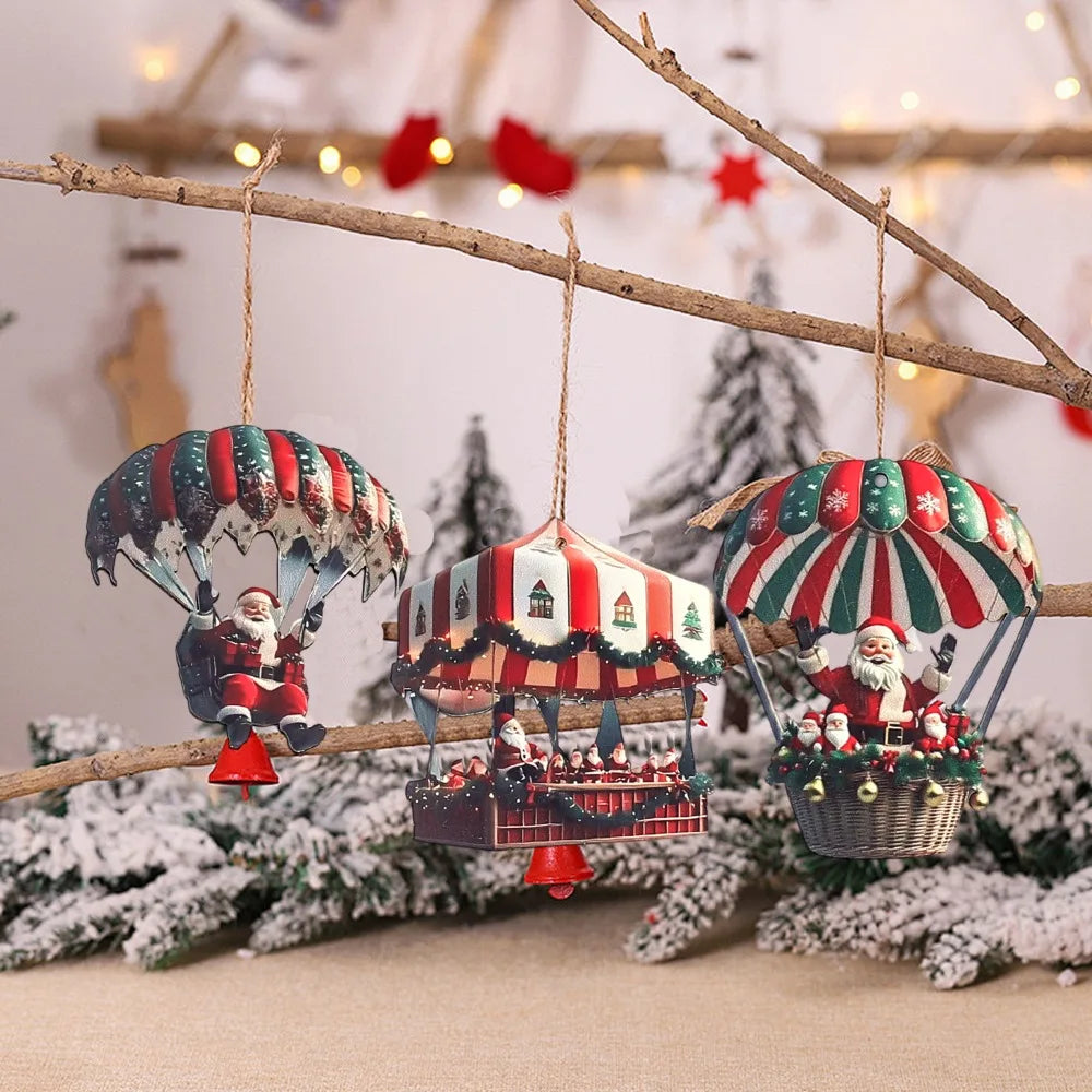 Christmas Wooden Pendant Hot Air Balloon Santa Claus 2D Flat Wooden Ornaments Christmas Tree Decoration Perfect New Year Gift Quake