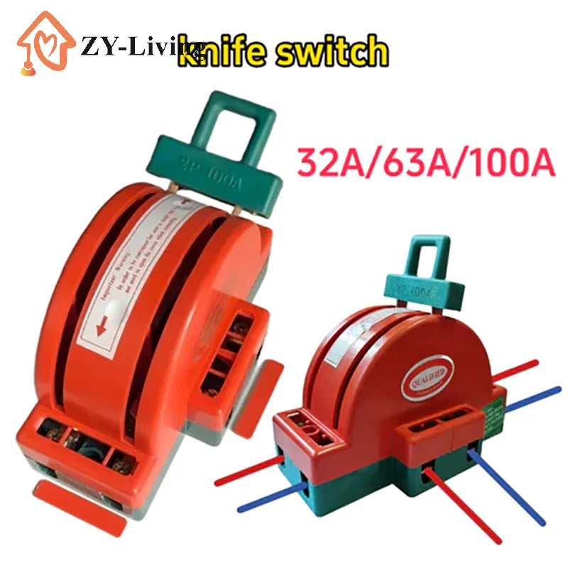 1Pcs 2 Pole Double Throw Knife Disconnect Switch 32A 63A 100A DPDT Cutter Safety Disconnect Switch Power Disconnect Switch Quake