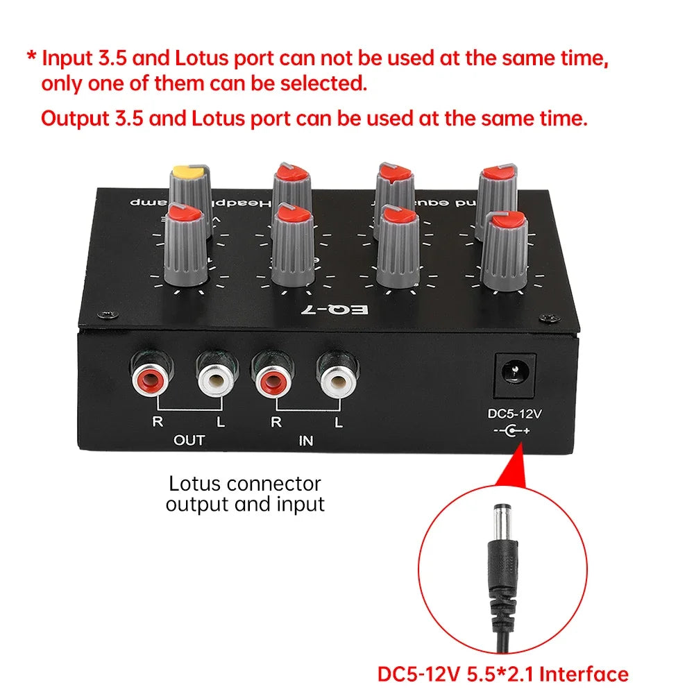 DC5V-12V Audio EQ-7 Audio Signal Preamplifier 7 Band Equalizer Adjust High School Bass Sound Phone Computer Headphone Amplifier Quake