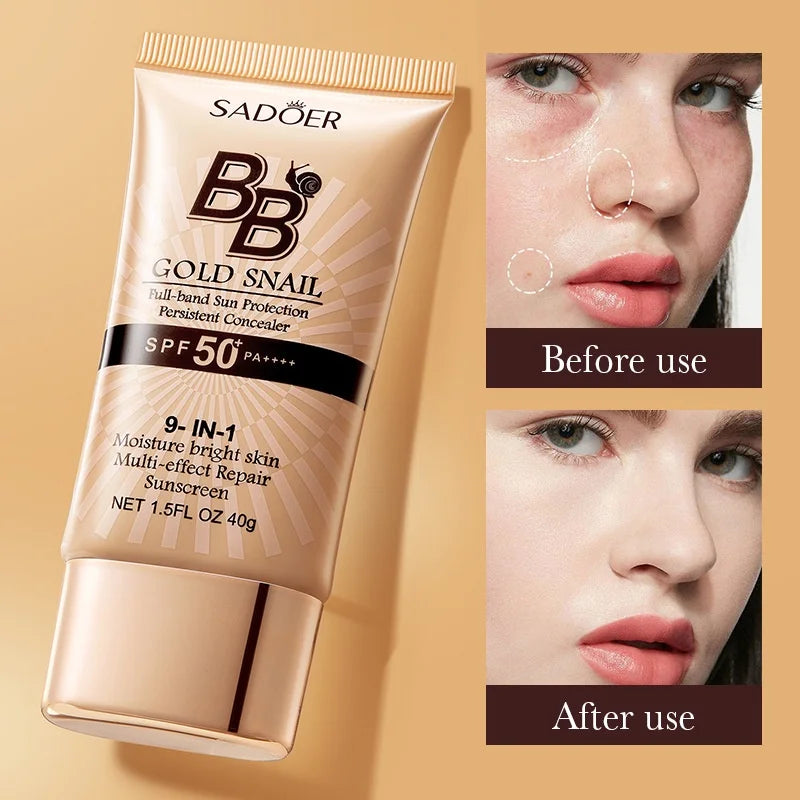 SADOER Gold Snail Sunscreen BB Cream Foundation Concealer Moisturizing Isolation Cream SPF50+PA+++ 40g Quake