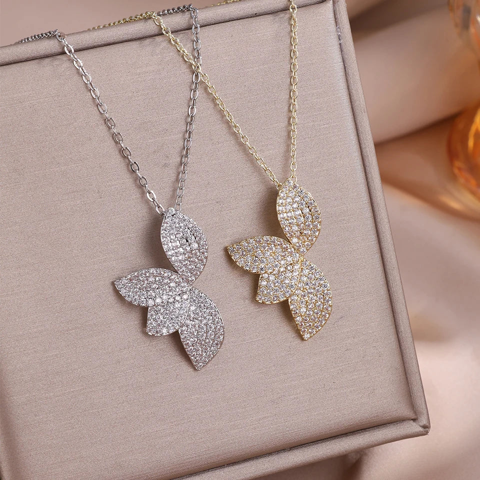 ZAKOL Luxury Full Shiny Micro Zircon Leaf Earrings&Necklace Set AAA CZ Symmetric Wedding Party Jewelry for Women Quake