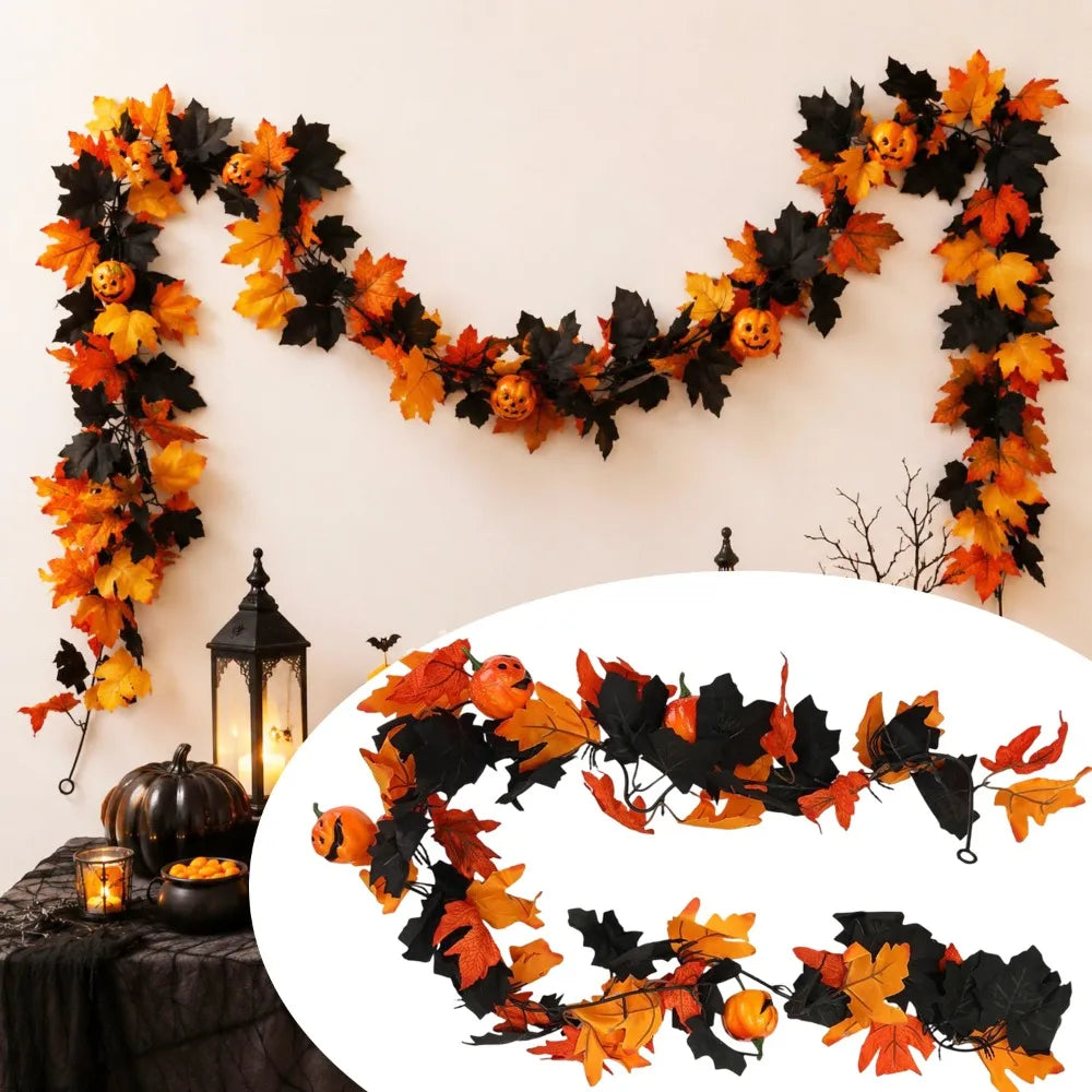Artificial Maple Leaves Garland Autumn Vine with Fake Pumpkin Ornaments for Halloween Thanksgiving Fireplace Table Fall Decor Quake