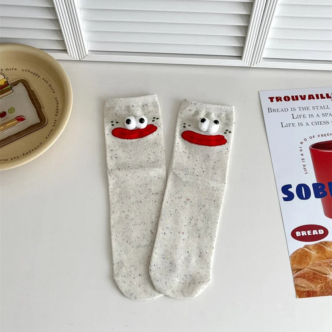 Funny Expression Women's Socks Spring Summer School Students Wearing Cute Cartoon Big Eyes Men Socks Friends Birthday Gifts Quake 1PC-red yi mouth One Size