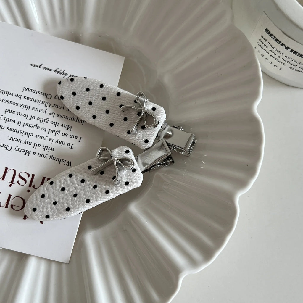 Black White Polka Dot Bow Hair Clip Korean Simple Versatile Bow Design Duckbill Clip BB Clip Elegant Temperament Bangs Hairpin Quake 3