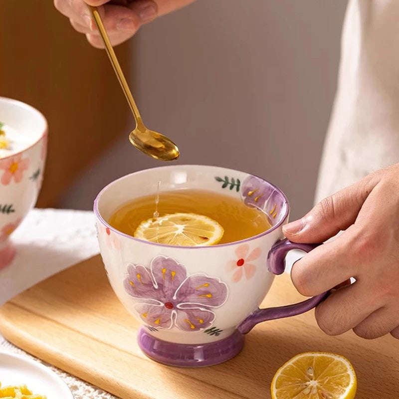 1pcs Flower Ceramic Mug Heat-resistant Breakfast Milk Oat Cup Hand Drawn Large Capacity Juice Handle Cup Microwave Safe 450ml Quake