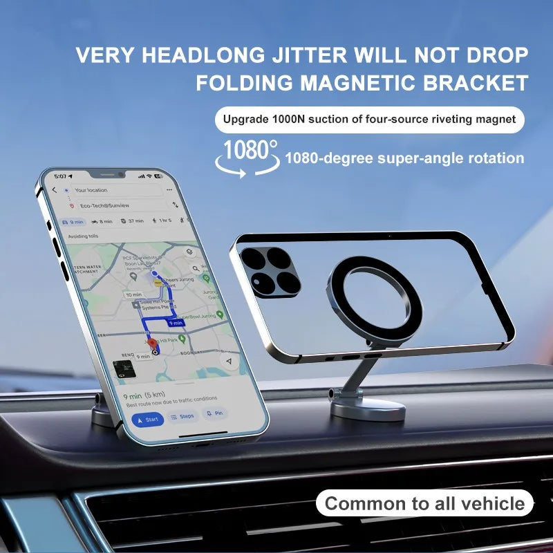 Zinc Alloy Folding Magnetic Car Compact Cell Phone Holder for MagSafe 360° Adjustable Magnetic Car Mount for iPhone 16/15/14/13 Quake