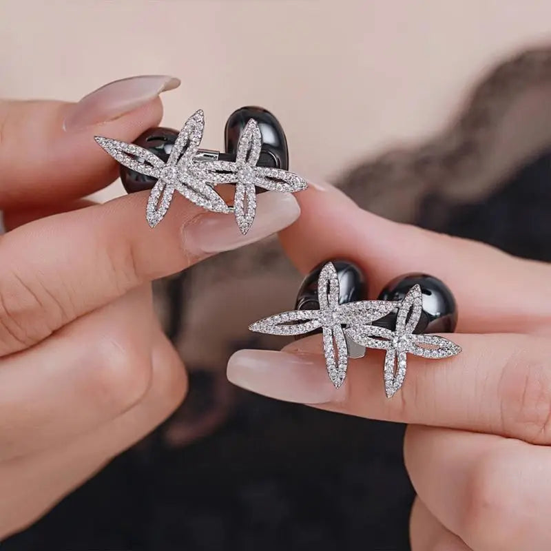 Earbud Decorative Clips Silver Tone Floral Rhinestones Pair, Clip On Wireless Earbud Accessory for Daily Commute K1KF Quake
