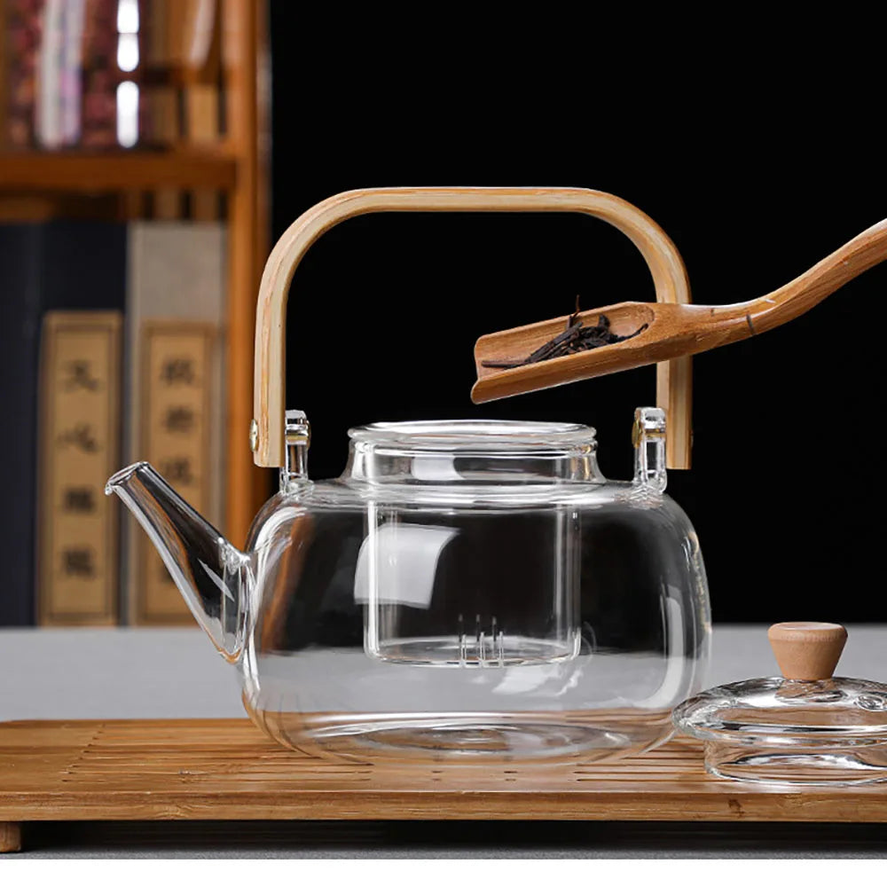 1L Heat-Resistant Glass Teapot With Removable Infuser Clear Bamboo Handle Tea Kettle For Loose Leaf Tea Flower Tea Herbal Tea Quake