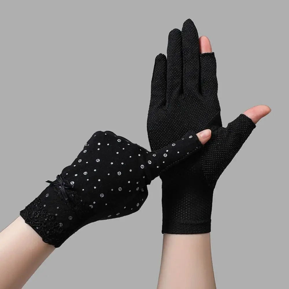 Summer UV Protection Sunscreen Gloves Lace Thin Anti-UV Mittens Elastic Slip Resistant Sun Protection Gloves Women Girls Quake Black