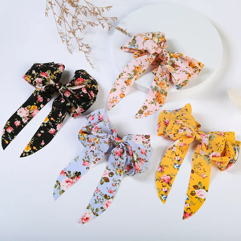 Floral Printed Hair Clip Korea Fashion Big Bow Ribbon Hair Tie Small Fresh Floral Hairpin Bowknot Hair Duckbill Clip Accessories Quake