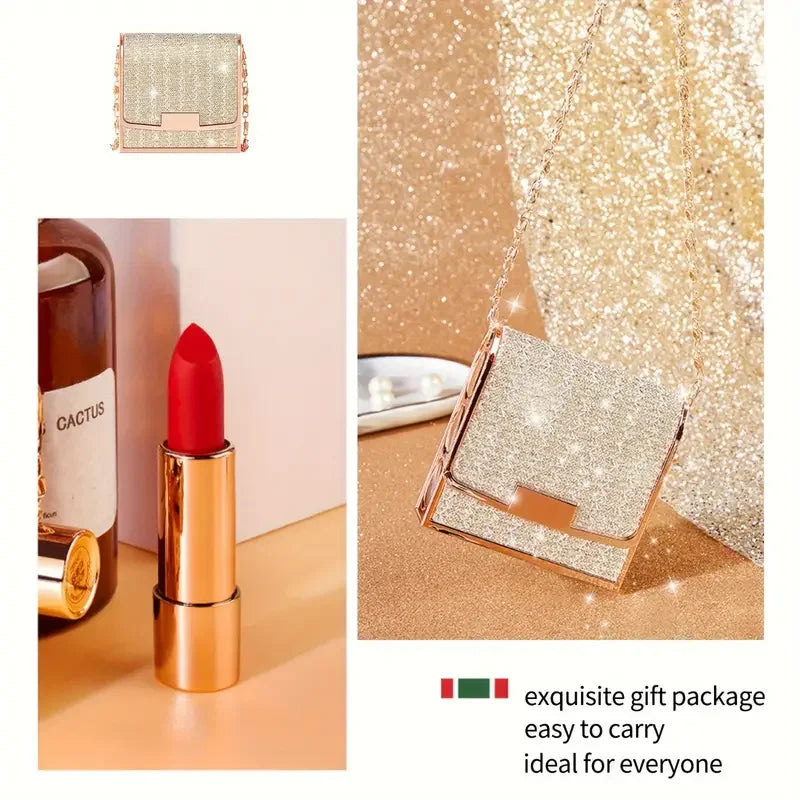 3pcs Velvet Lipstick with Chain Bag Gift Waterproof Non-Stick Long-Lasting Rotating Lipstick Makeup Set for Valentine's Day Gift Quake