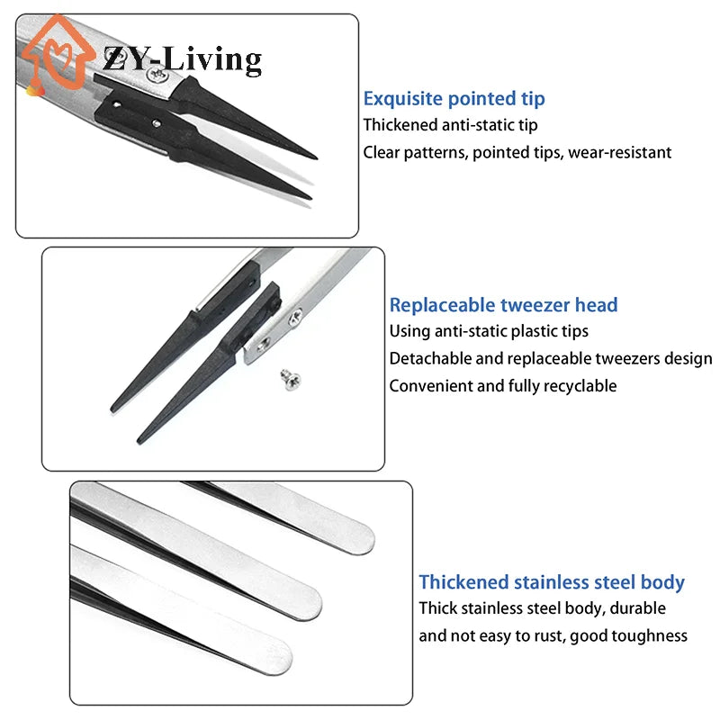 1Pcs Antistatic Tweezers, Plastic Tipped Tweezers, Electrician Tweezers Curved Flat Interchangeable Tip Antistatic Fixture Quake