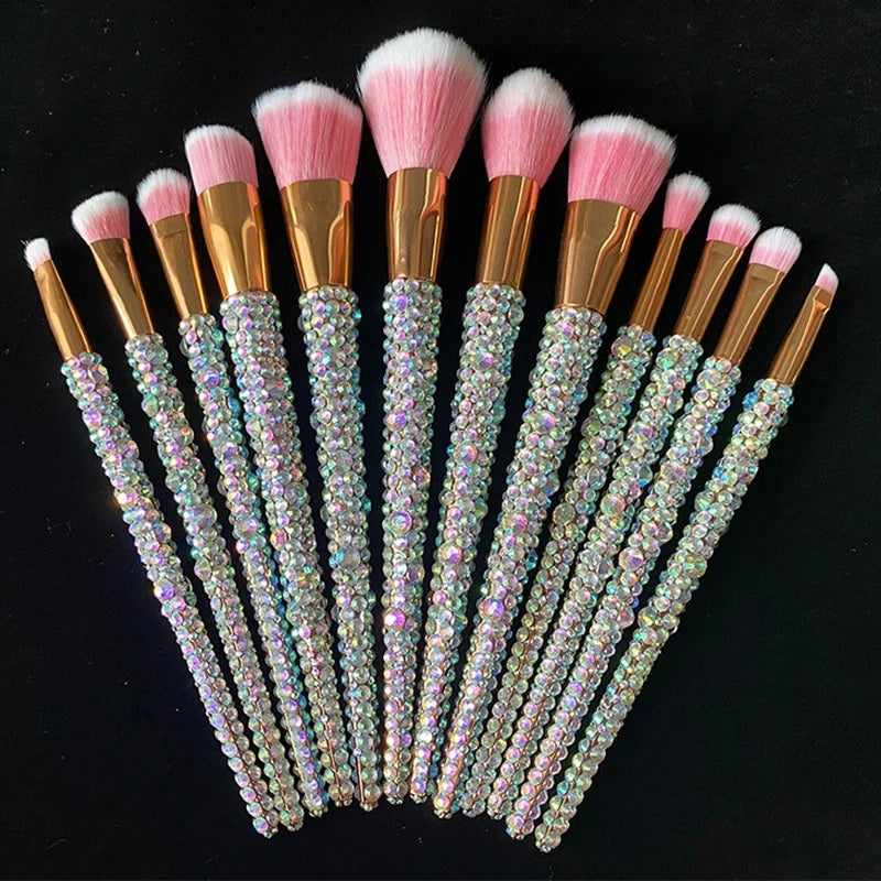 Diamond-studded Makeup Brushes 12Pcs/set Gems Makeup Beauty Tools Full Diamond Loose Powder Foundation Concealer Brush Bling Quake