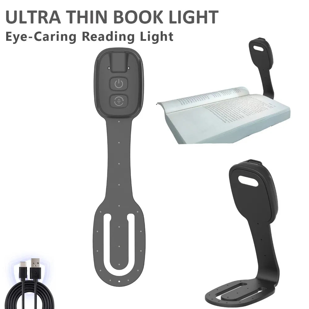 2-in-1 Clip-On Book Light Rechargeable Ultra-thin Mini Book Light with Dimmable Brightness Eye-Caring LED Reading Light Travel Quake Black