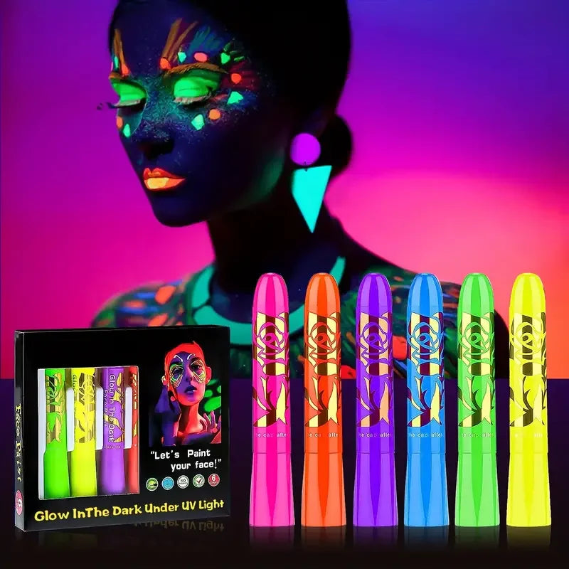 6Pcs UV Neon Face Painting Kit,Glow in the Dark Under UV Lights,Black Light Glow Makeup Kit,Washable Water Soluble Face Painting Quake 1