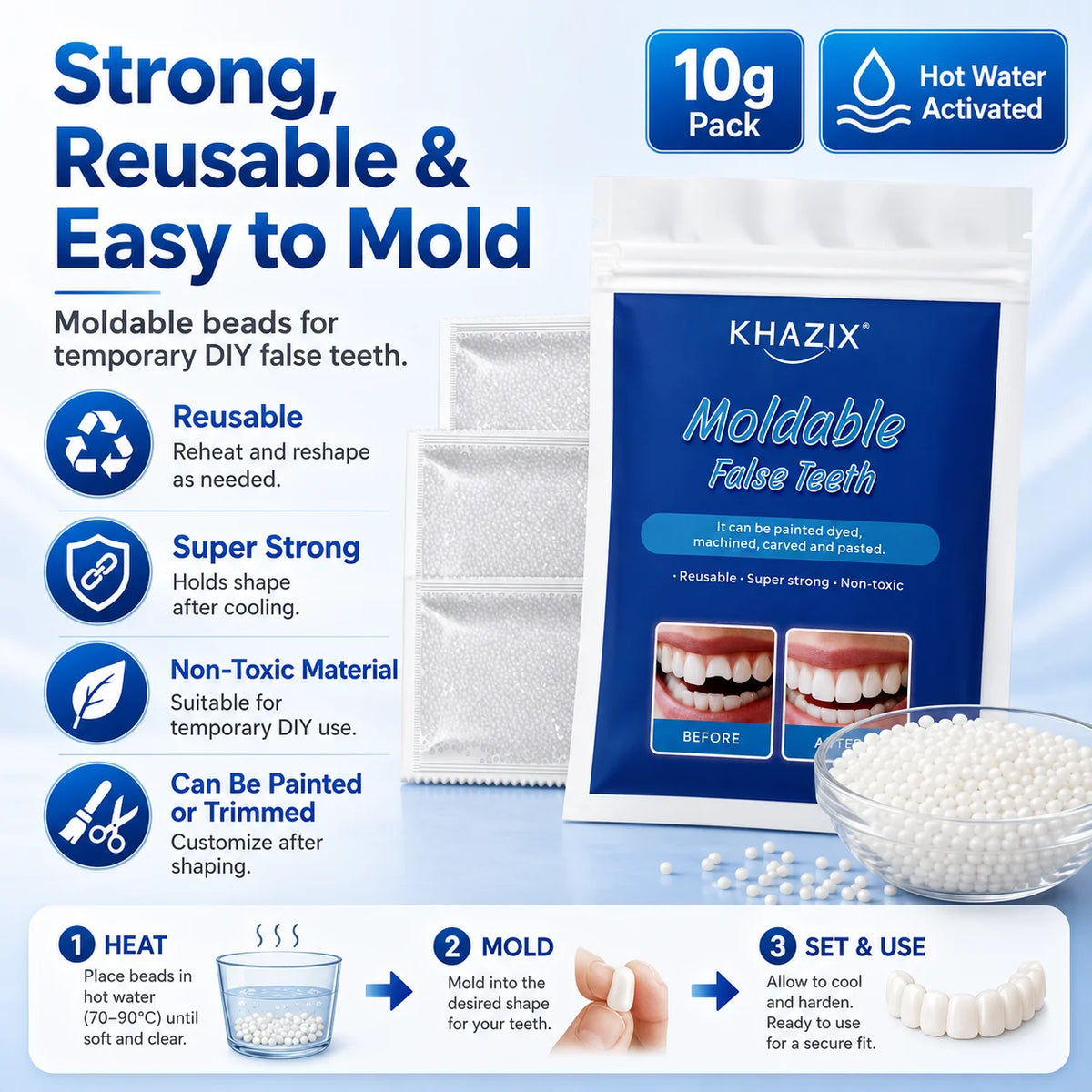 10g Temporary Teeth Beads DIY Cosmetic Smile Fix Moldable White Beads Easy to Shape for Natural-Looking Teeth Quake 10g
