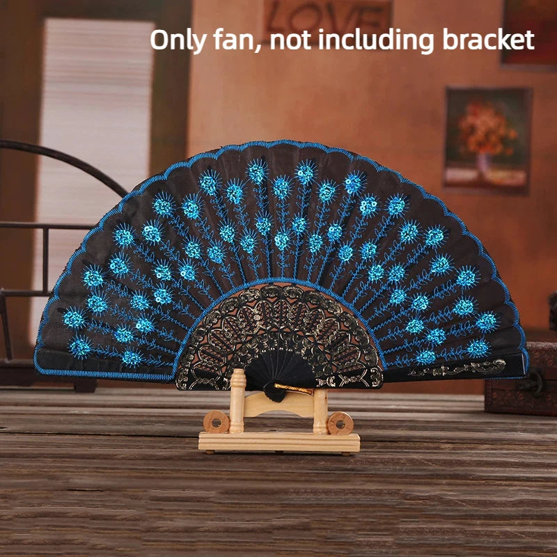 Folding Hand Fan Plastic Gold Powder Craft Fan White Wedding Party Chinese Style Dance Cloth Folding Fan Handheld Quake Light blue