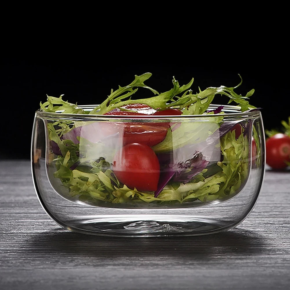 YWDL 300/500ml Clear Double Layer Glass Bowl Heat-resistant Fruit Salad Bowl Kitchen Glassware For Soup Cereal Dessert Bowls Quake