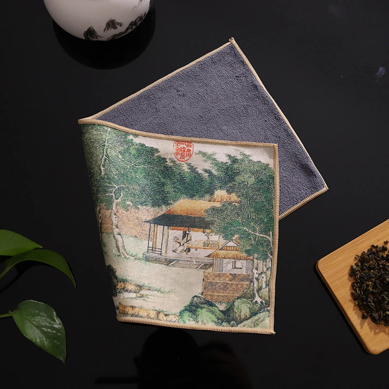 1pc Kung Fu Tea Towel with Ancient Style Thick and Absorbent Multifunctional High-end Painted Tea Cloth Quake