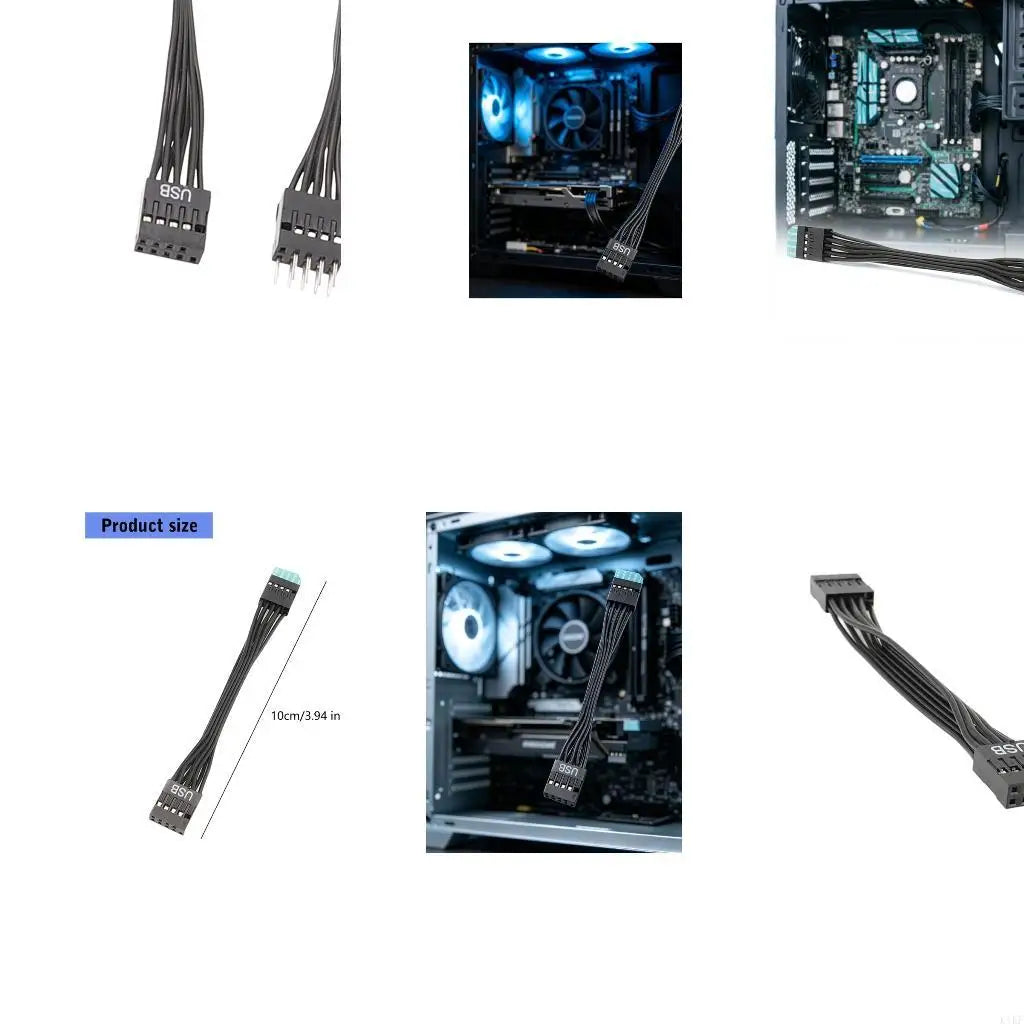Front Panel USB Header Extension Cable, 10cm Black Ribbon 9-Pin Male to Female Wire for Internal Desktop Case Routing and Header Quake CN