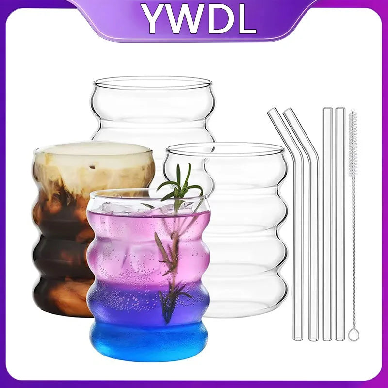 YWDL 4pcs Glass Cups Coffee Mug Clear Drinking Glasses Ribbed Glassware Cups With Straws Set Cocktail Fruit Glass Drinkware Quake