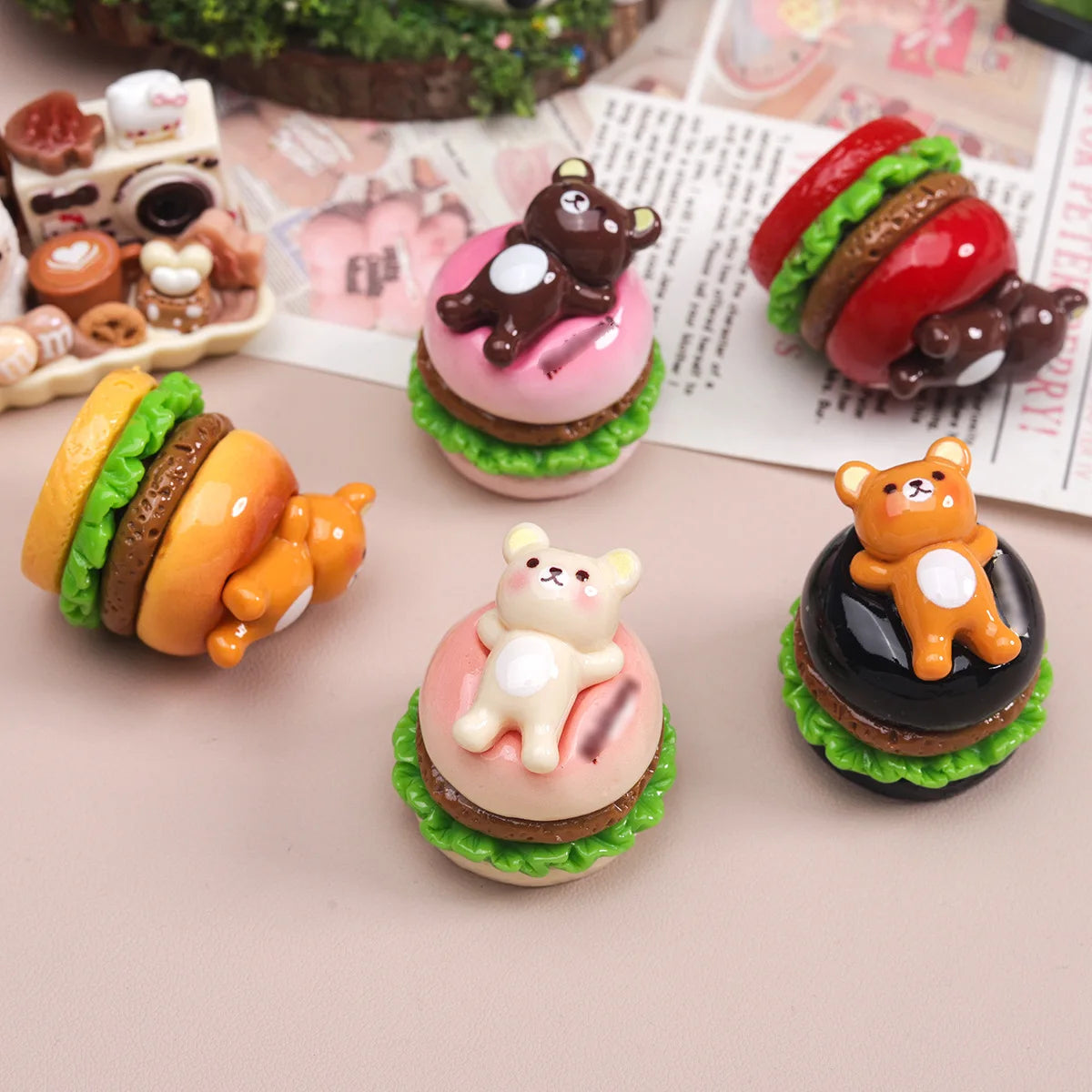 5Pcs Simulation 1:12 Bear Hamburger Resin Cabochon 3D Miniature Fake Food For Craft DIY Jewelry Making Dollhouse Accessories Quake