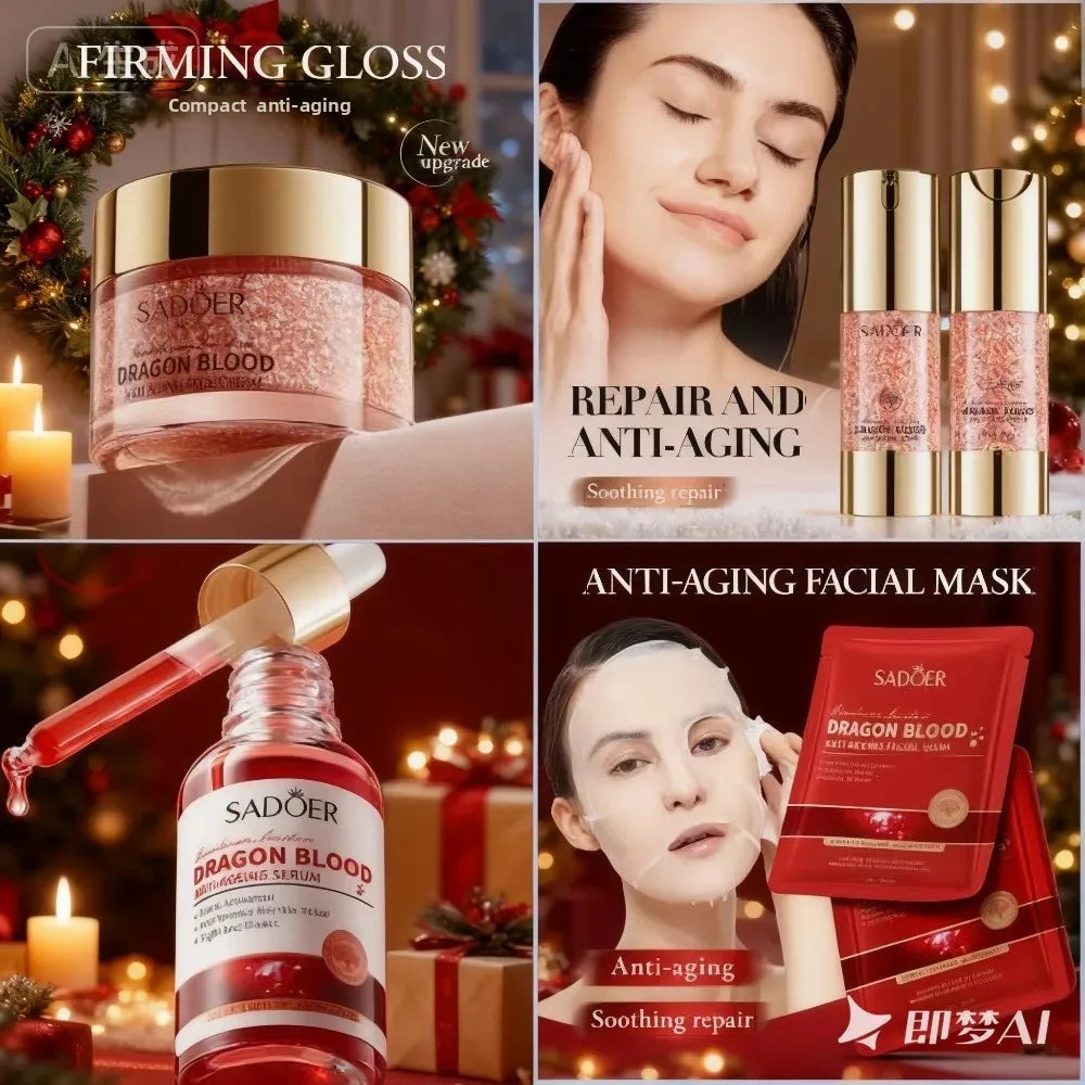 SADOER Dragon Blood Anti-Wrinkle Serum And Facial Cream Set with 2 Hydrating Masks - Lifting And Firming 10 Piece Total - 4 Sets Quake