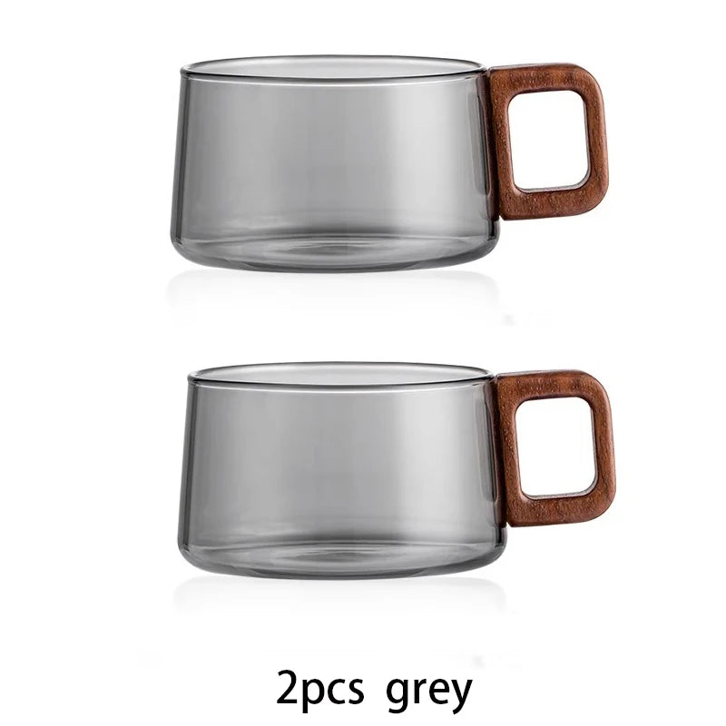 120/200/300/360ml Glass Cups With Walnut Handle Coffee Mug Set Heat-resistant Teacup Household Office Drinking Glasse 2pcs Quake 200ml 2pcs grey 120-360ml
