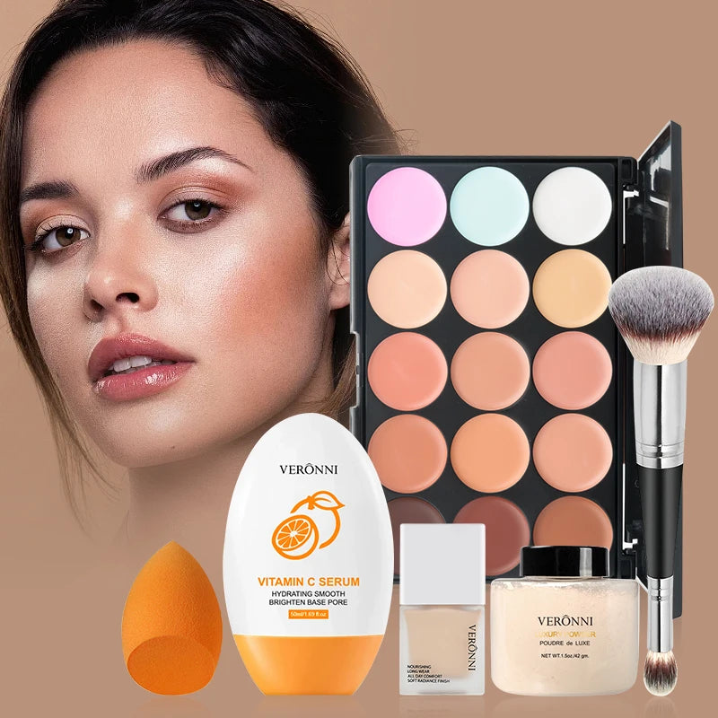 Face Makeup Set Liquid Foundation Loose Powder Primer Waterproof Long-lasting Full Coverage Concealer Women Cosmetics FaceMakeup Quake