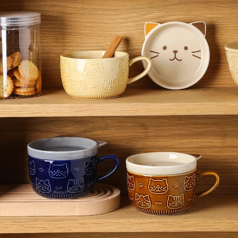 YWDL Japanese Cartoon Cat Coffee Mug With Animal Cat Pattern Lid Small Dish Cute Breakfast Cup Creative Coffee Cup Milk Cup Gift Quake