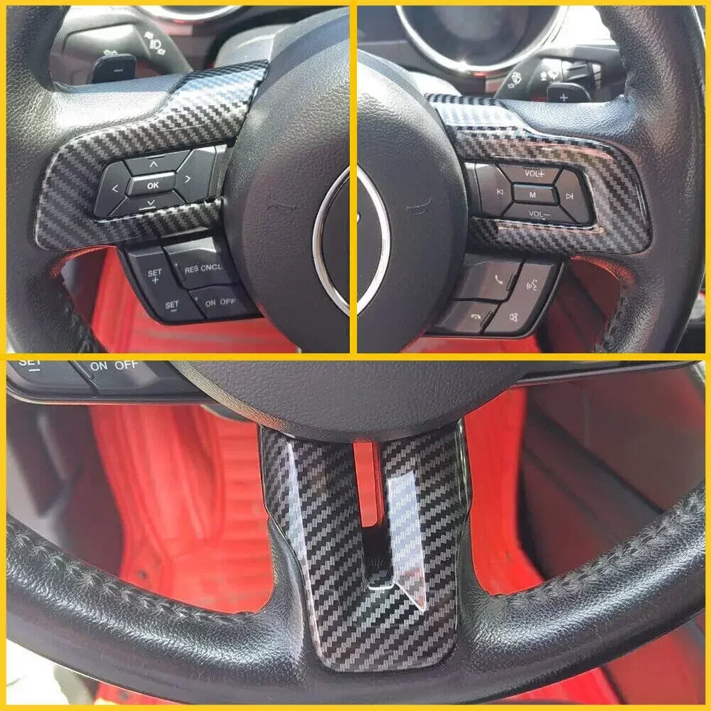 For Ford Mustang 2015 2016 2017 2018 2019 2020 2021 2022 ABS Carbon Fiber Style Inner Car Steering Wheel Cover Trim Frame Decor Quake