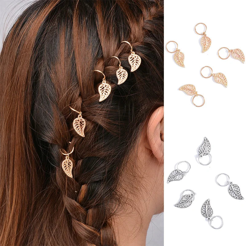 5/10 Pcs Hair Braids Leaves Beads Women Silver Gold Color Hip-hop Hair Rings Braid Bead Hair Headband Braiders Accessories Quake