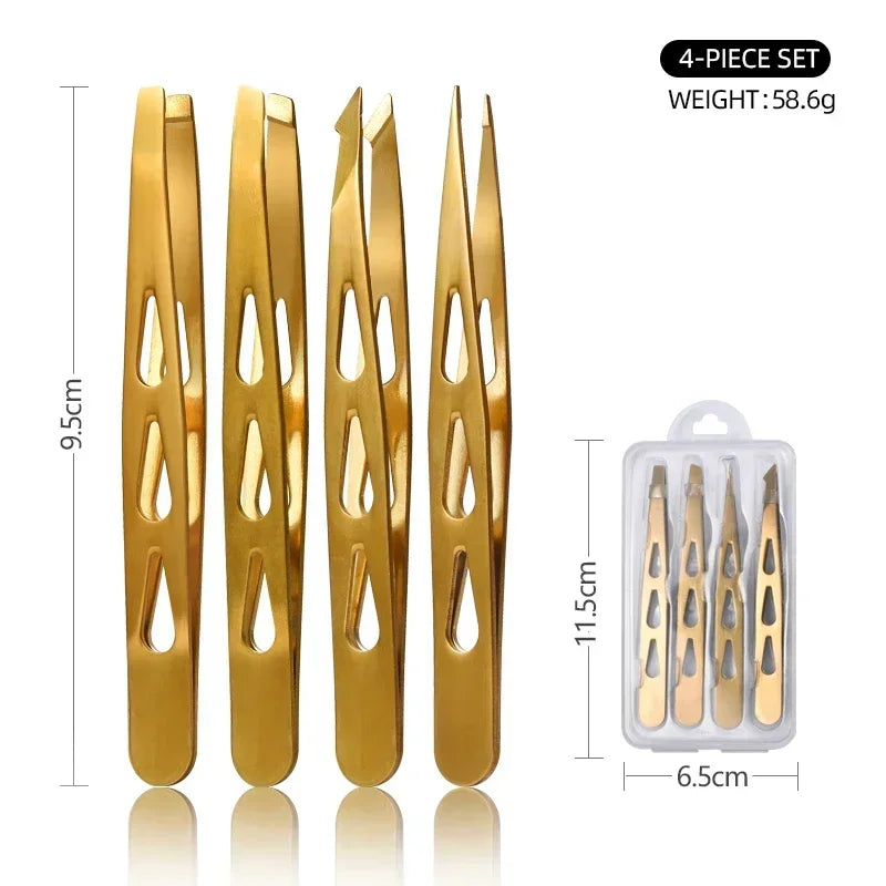 Professional 4-Pc Stainless Steel Eyebrow Tweezer Set – Precision Tweezers for Facial Hair, Splinters & Ingrown Hair Removal Quake M386 Golden 4 pcs