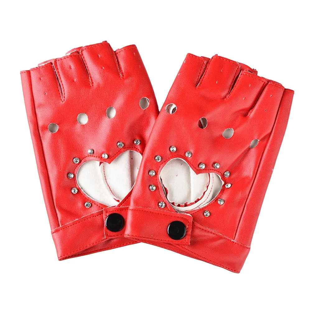 New Fashion PU Leather Fingerless Dance Glove Gothic lolita Jazz Style Driving Dress Performance Mittens Quake Red Rhinestone
