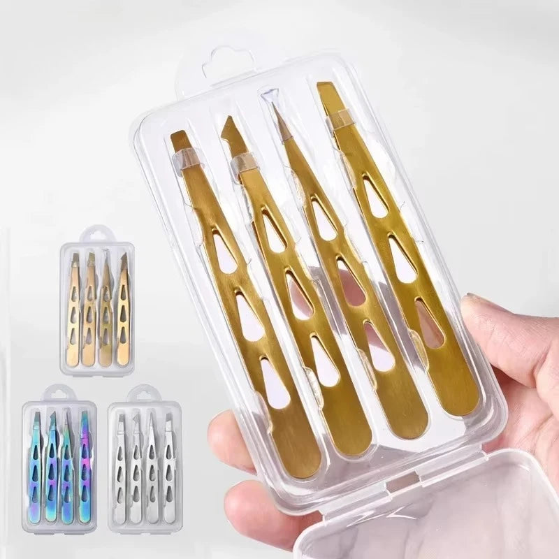 Professional 4-Pc Stainless Steel Eyebrow Tweezer Set – Precision Tweezers for Facial Hair, Splinters & Ingrown Hair Removal Quake
