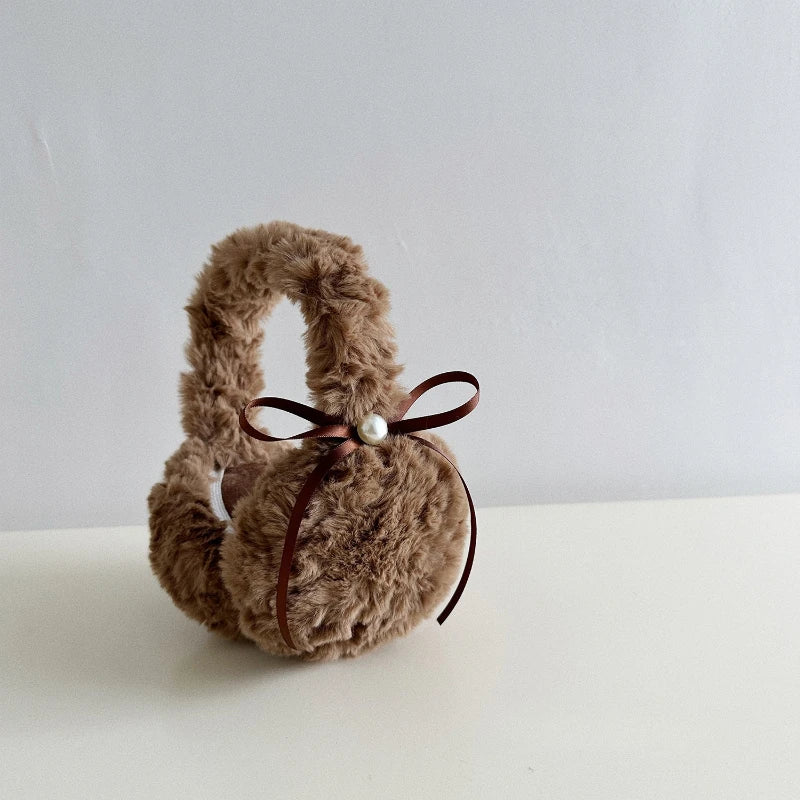 1pc Winter Warm Sun Pearl Bow Plush Earrings Female Students Windproof Ear Protection Warm Earrings Quake brown