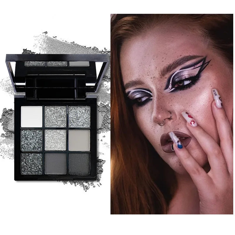 Black Swan 9-Color Eyeshadow Palette Mesmerizing Glitter Glam,Dramatic Smoky Punk Effects,Hues in Light Gray&Dark Silver Makeup Quake 9 color