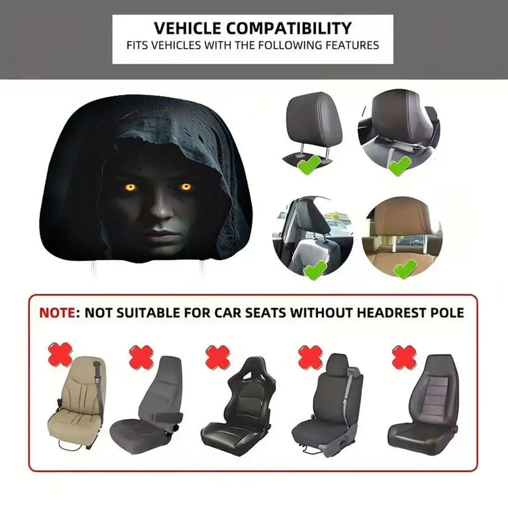 Halloween Car Headrest Covers 2Pcs Scary Face Print Stretch Dustproof Seat Protector Universal Horror Car Interior Accessories Quake