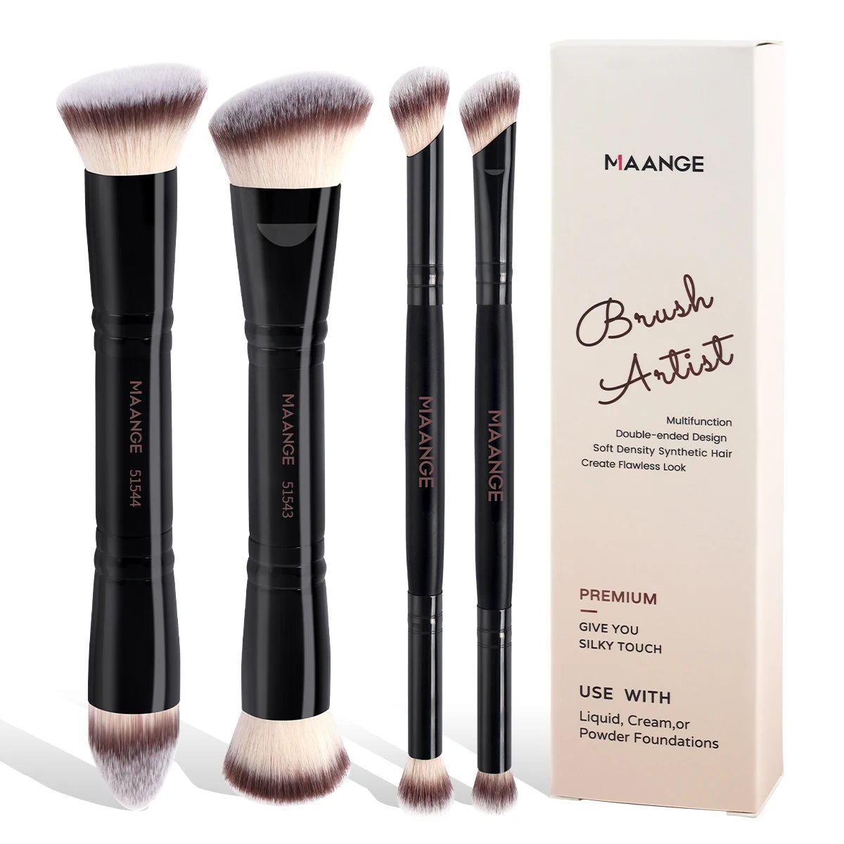 MAANGE 4pcs Basic Makeup Brushes Set With Box Dual-ended Foundations Powder Blush Details for Eyeshadow Brushes Beginner Travel Quake Black Beige