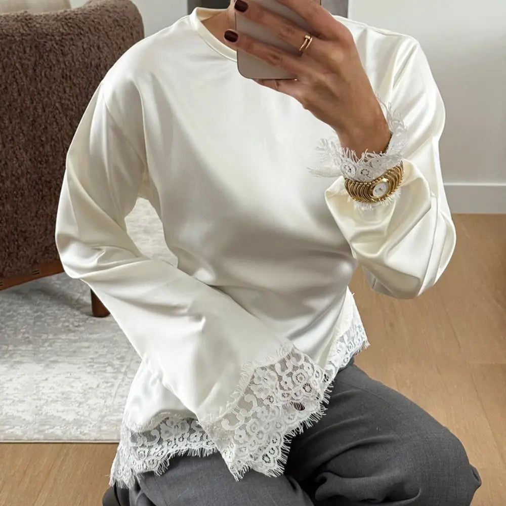 Fashion Belted Waist Lace Patchwork Top Asymmetrical Design Solid Color Lace-up Top Elegant Irregular Hemline Long Sleeves Women Quake