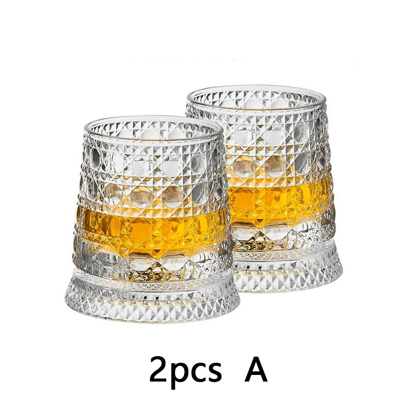 YWDL 360° Rotatable Whiskey Tumbler with Glass Base Embossed Crystal Whisky Glass Spinning Cup for Rum Cocktail Bar Party Gift Quake 2pcs A