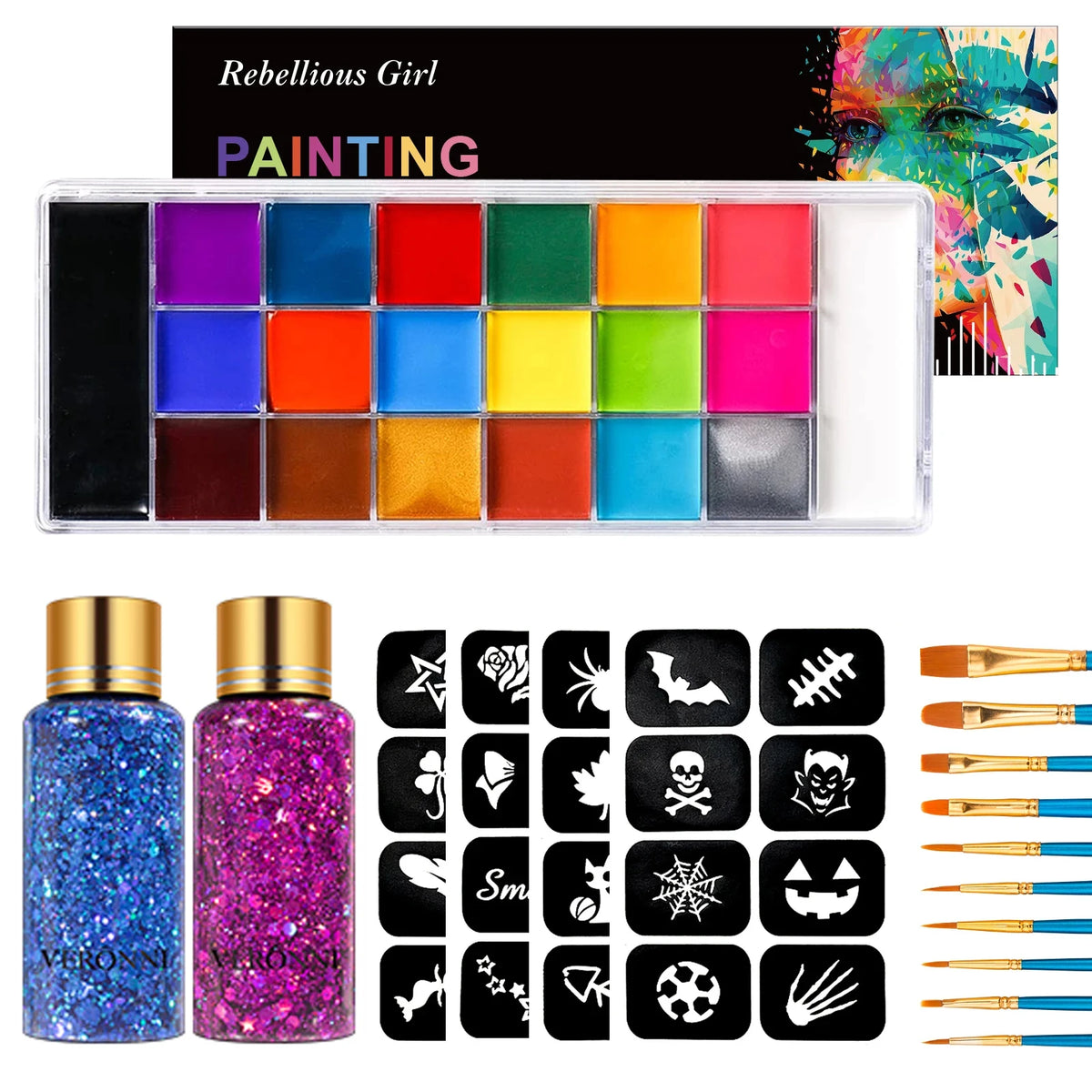 20 Colors Face Body Paint Palette Oil Makeup Set SFX Body Art Halloween Party Painting with 10 pcs brushes,Tattoo Stencil kit Quake 5 pcs C Set
