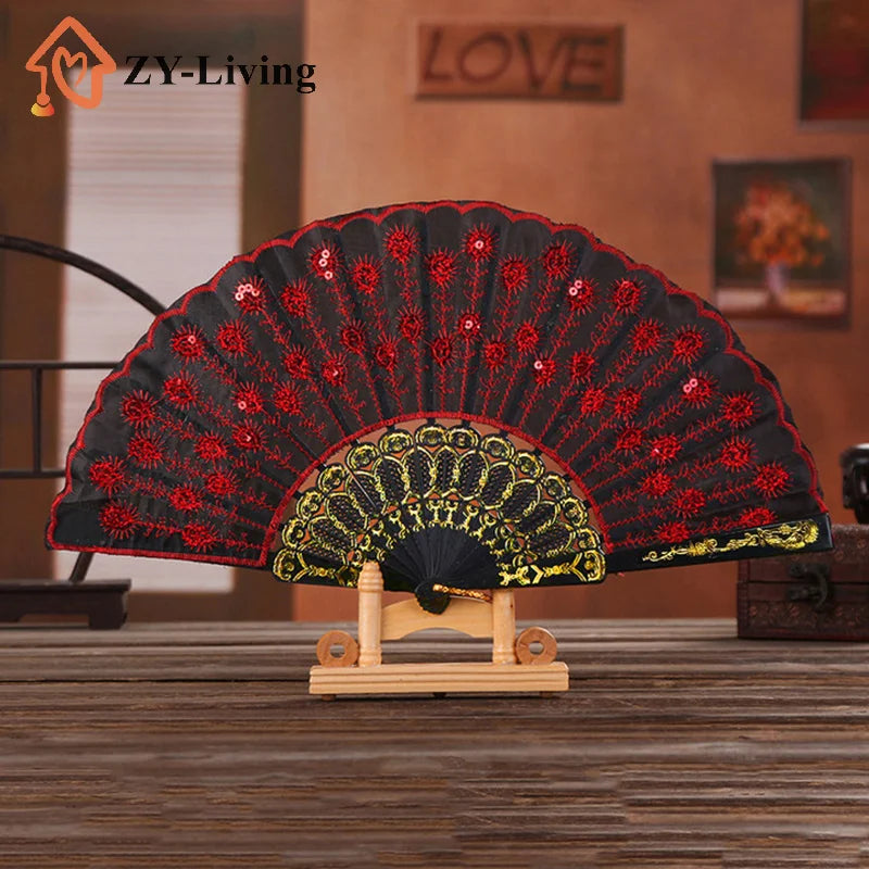 Folding Hand Fan Plastic Gold Powder Craft Fan White Wedding Party Chinese Style Dance Cloth Folding Fan Handheld Quake