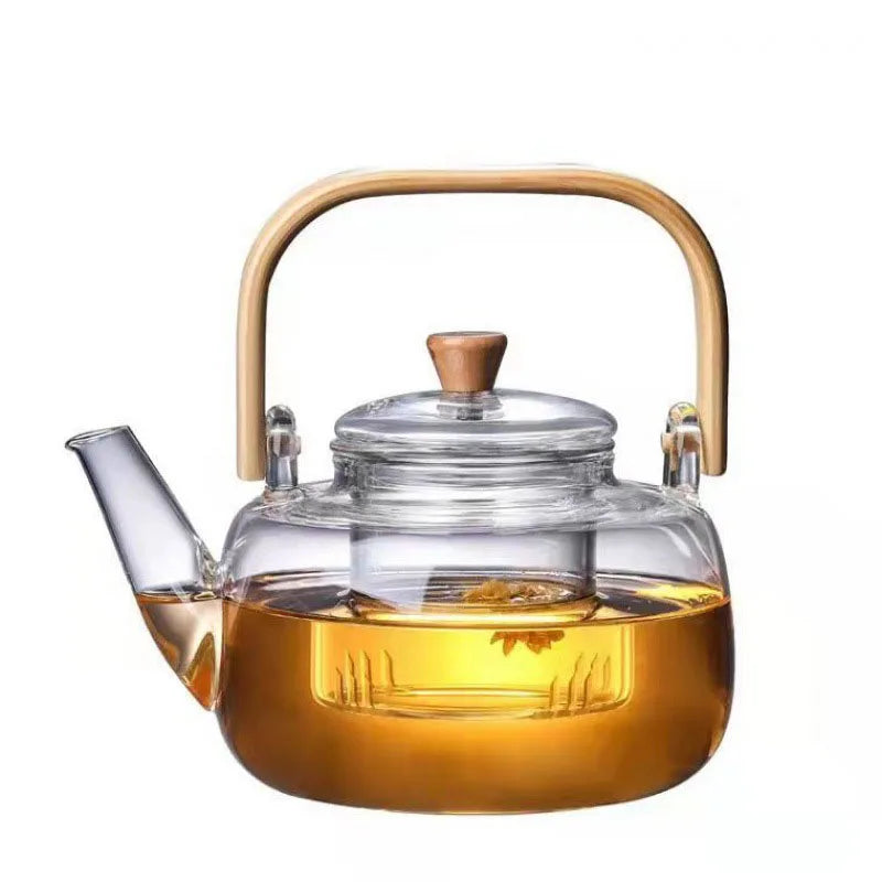 1L Heat-Resistant Glass Teapot With Removable Infuser Clear Bamboo Handle Tea Kettle For Loose Leaf Tea Flower Tea Herbal Tea Quake 1L