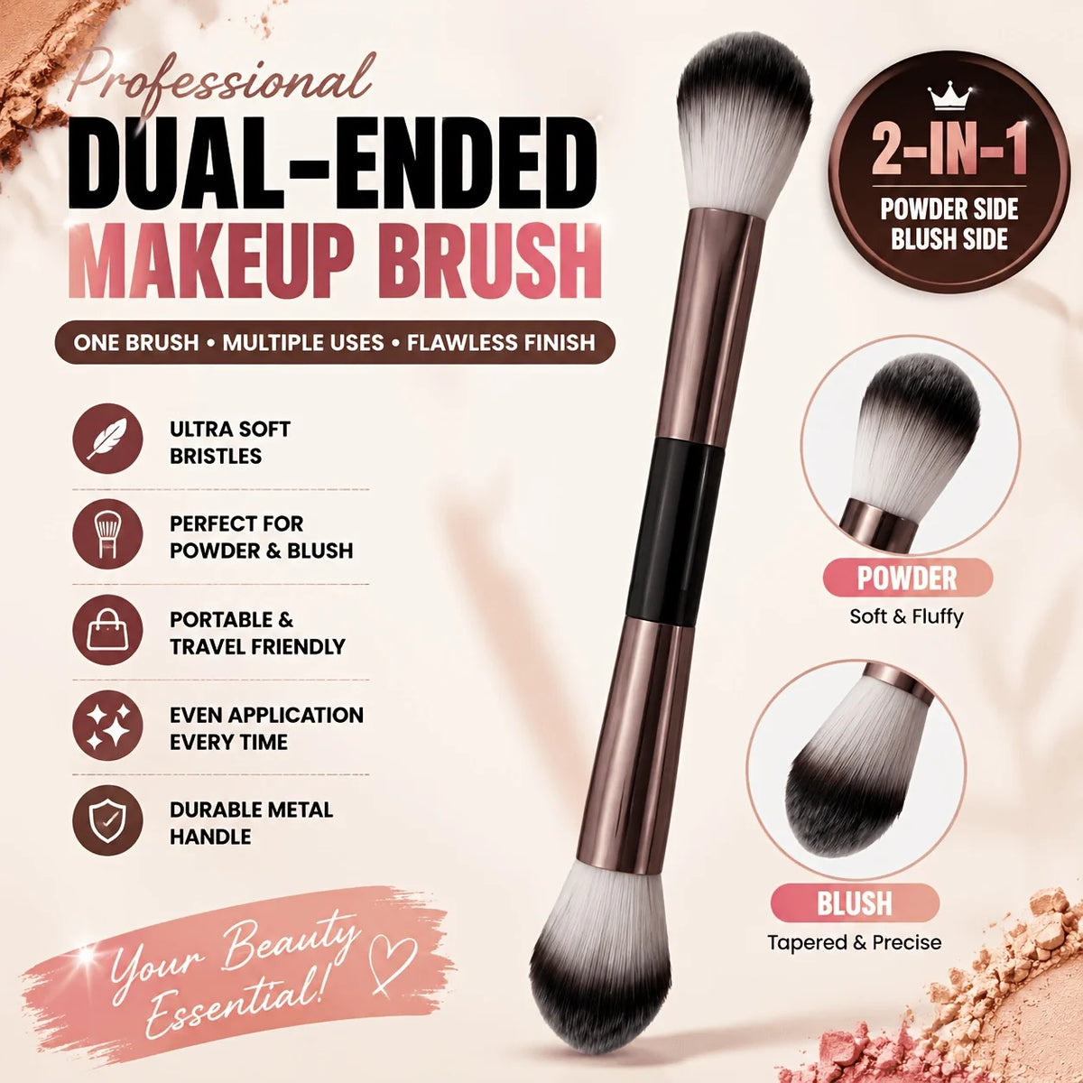 Makeup Brush, Powder Brush, Blush Brush, Loose Powder Brush, Exquisite Professional Metal Handle, Double-head Design, with Box Quake 1PC