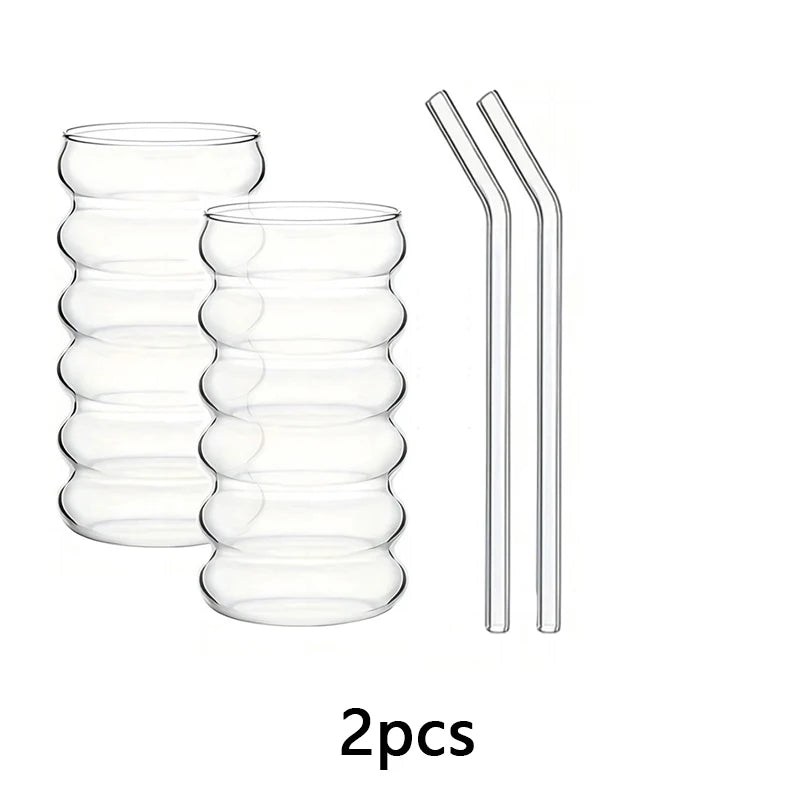 350/480ml Wave Design High Borosilicate Glass Tumbler with Straw Iced Coffee Cup Heat Resistant Tumbler for Cold Beverages Quake 2pcs 480ml 350-480ml